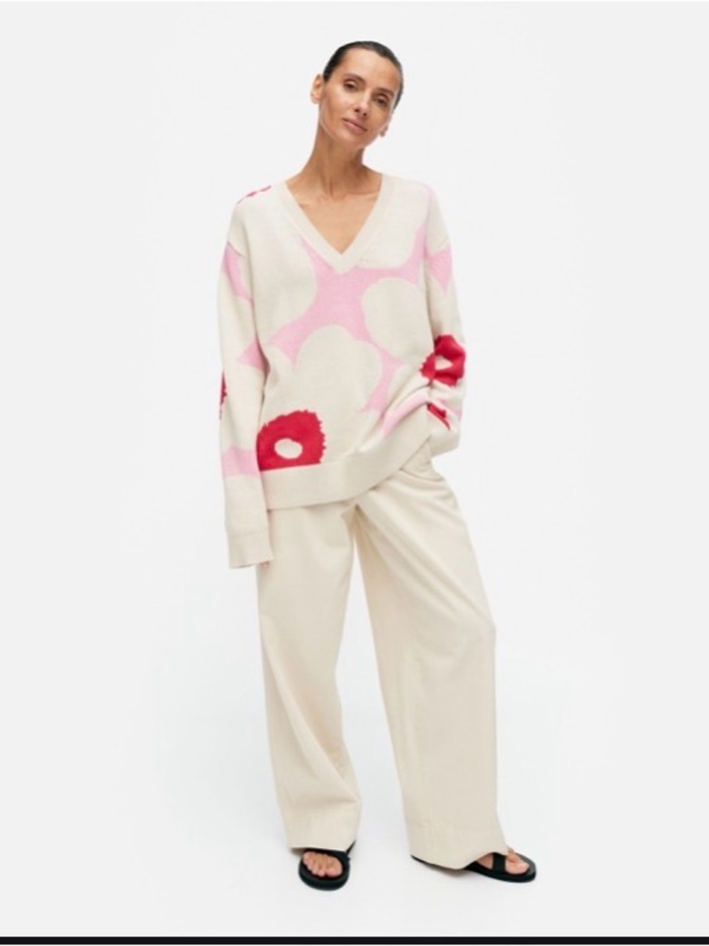 Marimekko Cream, Pink & Red V-Neck Sweater